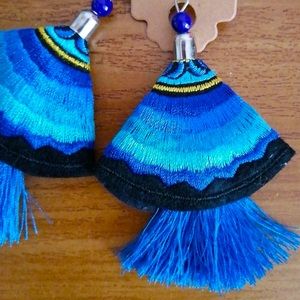 7/$35🧿Greek Goddess🧿 | Boho Tassel Fringe Blue Statement Drop Earrings 🐚🌊